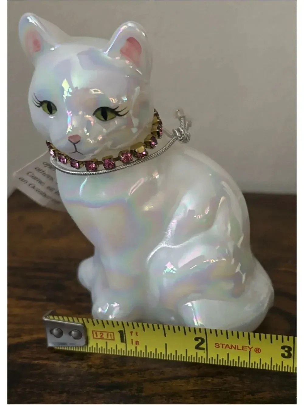 Vintage Fenton Opal Iridescent October Cat ~ Rose Zircon - UV Glow - Marked